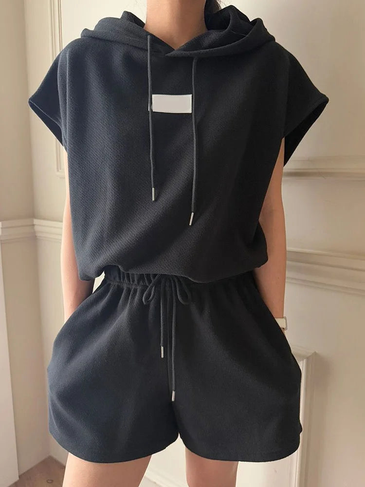 Casual Sportswear Set Women's Summer Fashion High Waist Wide Leg Shorts Two-Piece Suit Short Sleeve Hoodie Loose Fit Streetwear