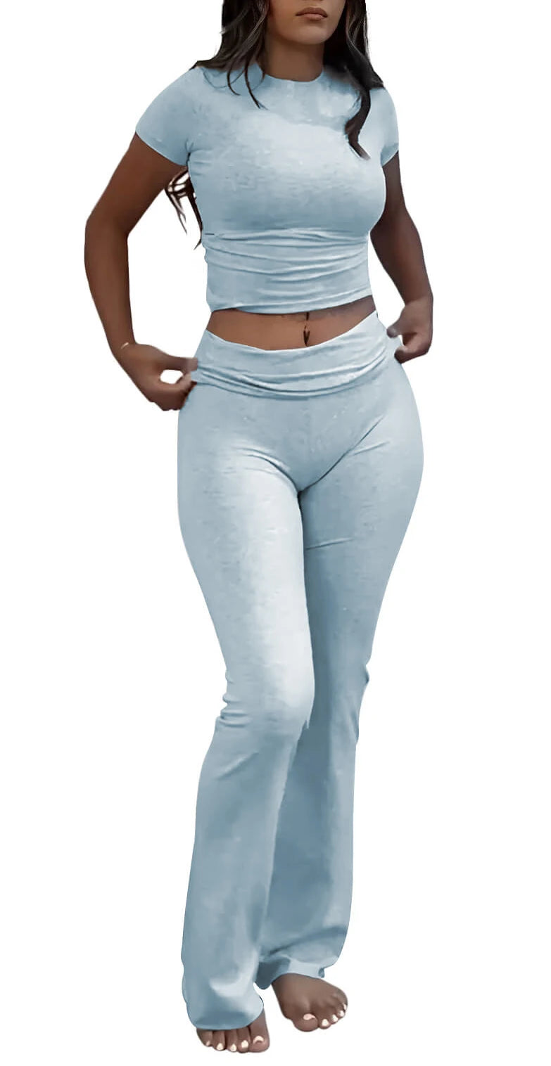 Casual Workout Two Piece Outfits for Women Short Sleeve Crop High Waist Foldover Flare Pants Tracksuit Sets Streetwear