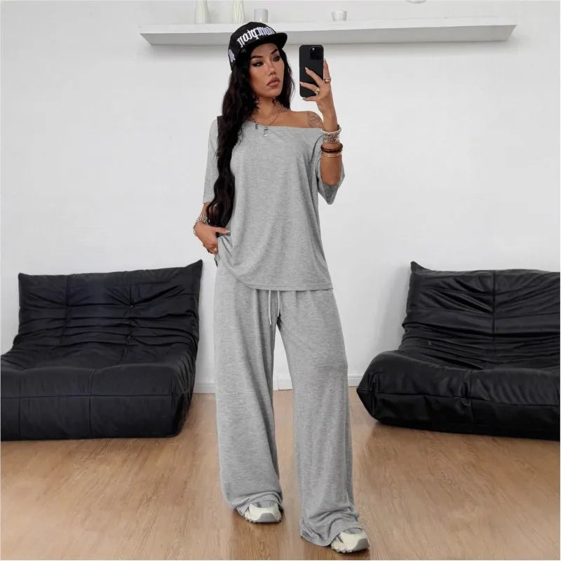 Casual New In Matching Sets 2 Pieces Set For Woman Two Piece Outfits Blusas T Shirt Tees Simple Style Homewear Loose Solid Color