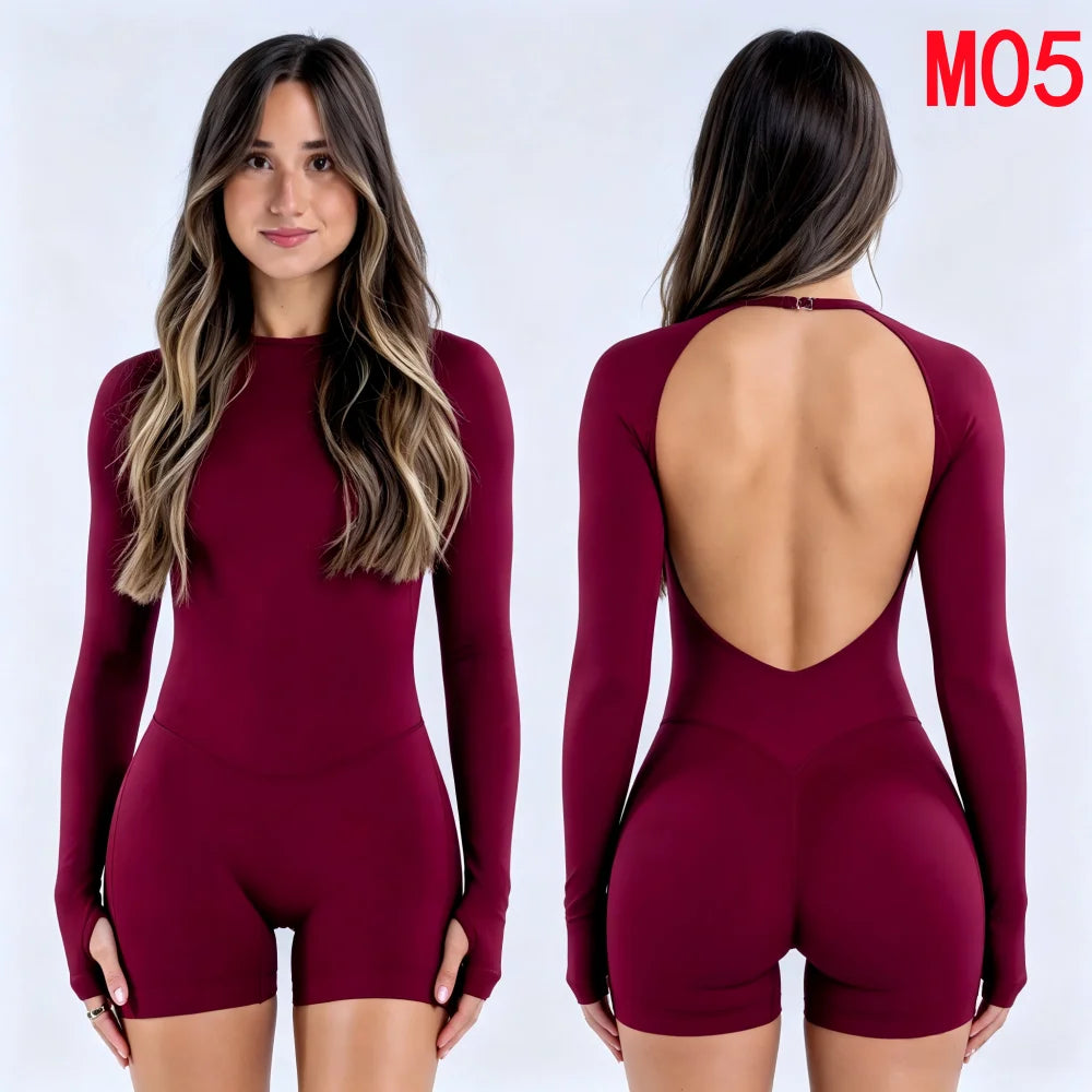 Yoga Set T-shirt Sets Impact Shorts Sleeve Tops Leggings Set Women Backless Long Sleeve Gym Suit Clothes Outfit Workout Bodysuit