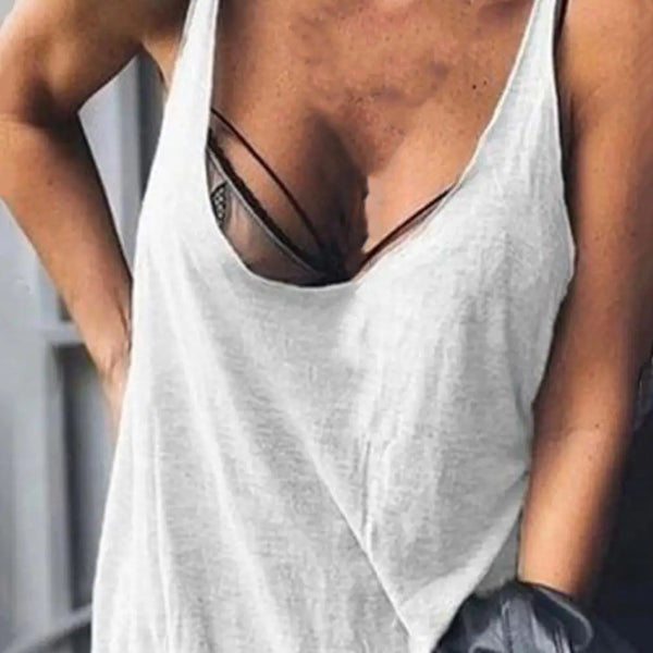 Lady Casual Solid Color Loose Tees U-neck Sleeveless Thin Women Vest Low Collar Stretchy Lady Summer Simple T-shirt Streetwear