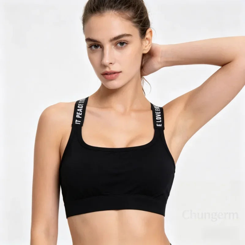 Sports Underwear Women Yoga Fitness Seamless Crop Top Wide Letter Straps Comfortable Workout Activewear Back Without Underwire I
